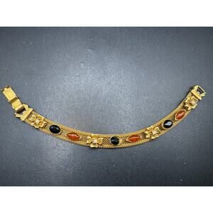 Vtg Florenza Gold Tone Mesh Bracelet W/ Pearl Black Onyx Carnelian Agate Sz 6.5"